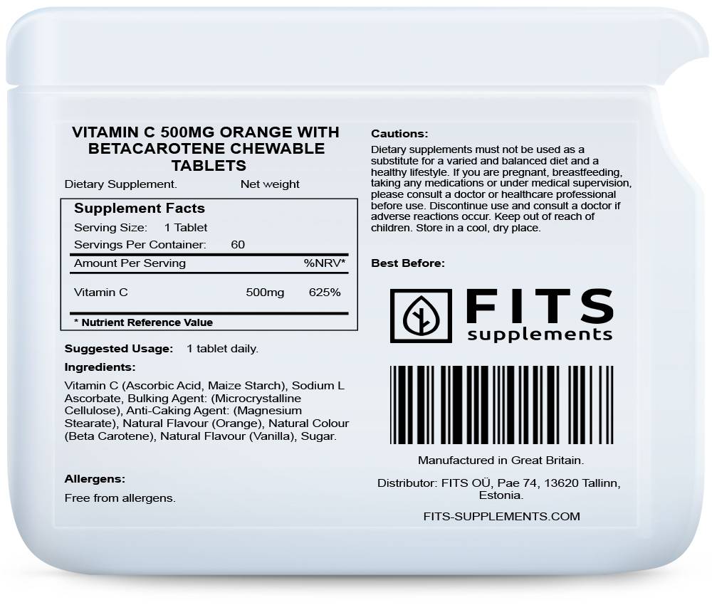 Vitamin C 500mg Orange with Betacarotene chewable 60 tablets