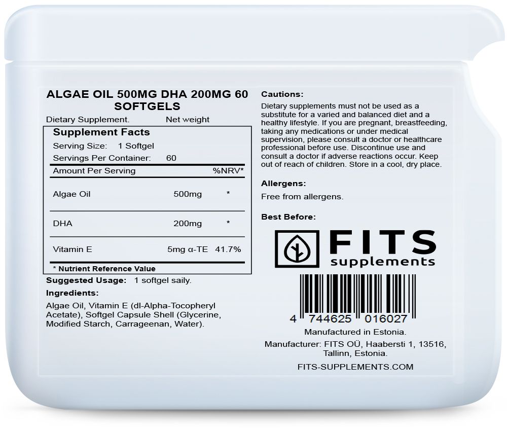 FITS Algae Oil 500mg DHA 200mg 60 softgels