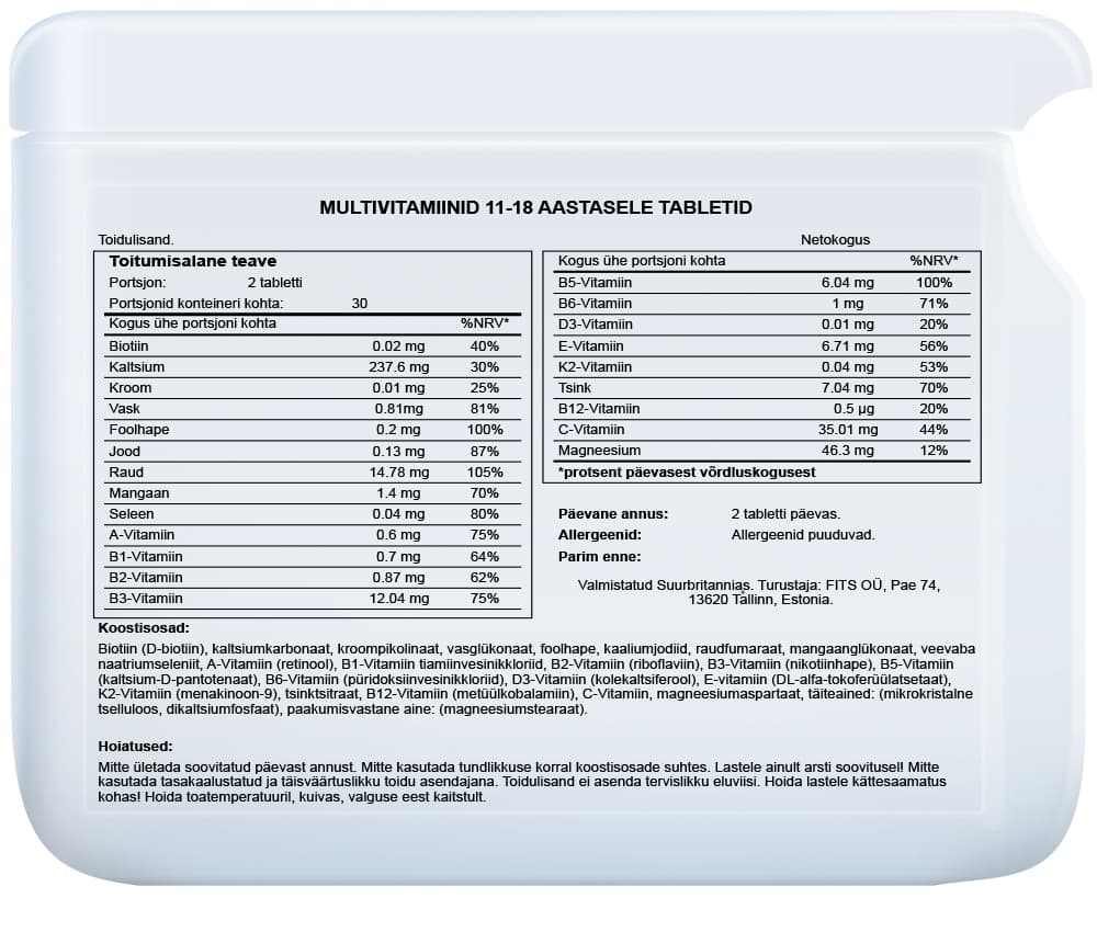 Multivitamins for 11-18 Years Old tabletės
